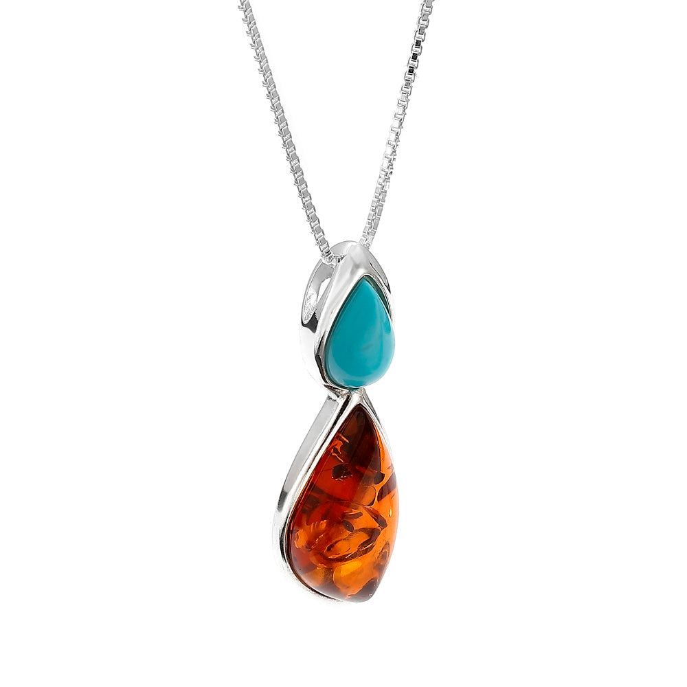 Baltic Amber & Turquoise Two Stone Drop Necklace – Honey Amber Marquise & Blue Green Turquoise – 18” Box Chain