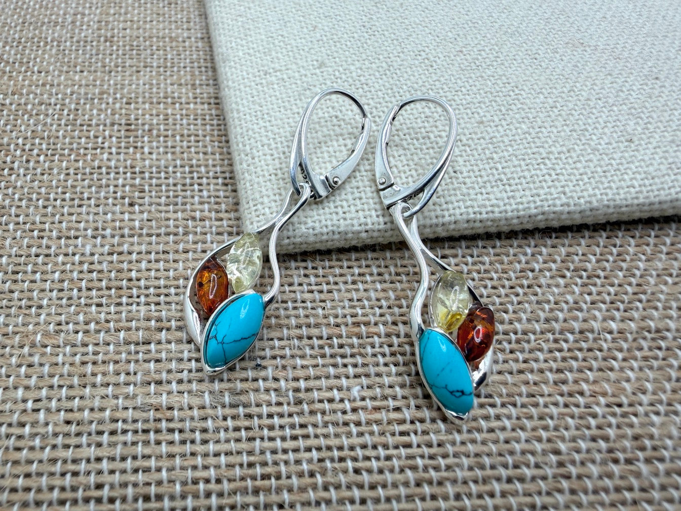 Baltic Amber and Sterling 925 Silver & Turquoise Drop Lever Back Earrings – Multicolor Honey and Lemon Amber