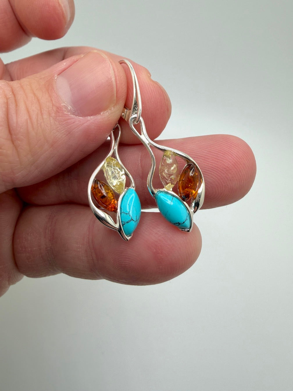 Baltic Amber and Sterling 925 Silver & Turquoise Drop Lever Back Earrings – Multicolor Honey and Lemon Amber