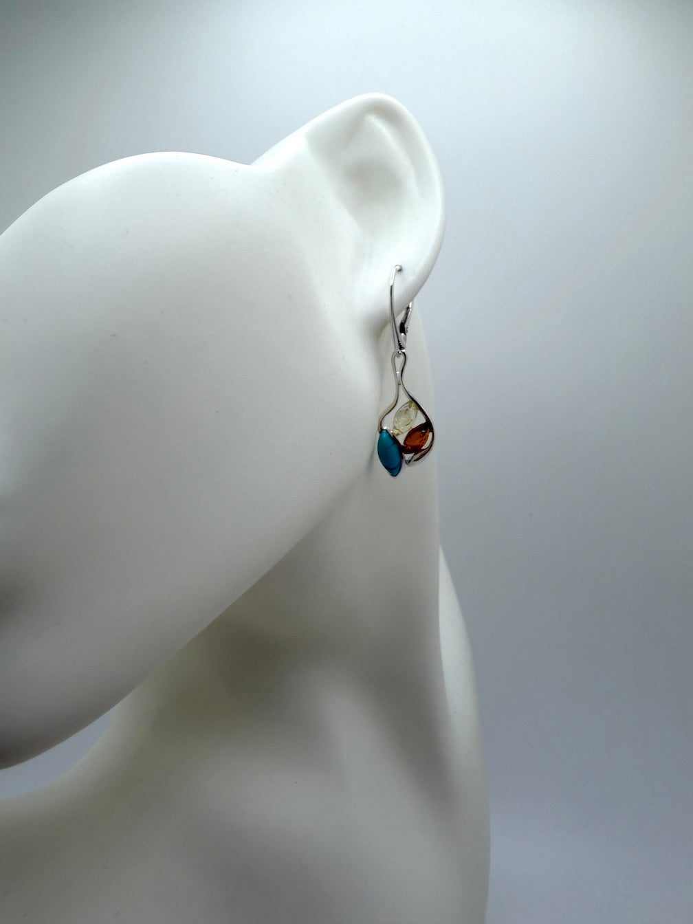 Baltic Amber and Sterling 925 Silver & Turquoise Drop Lever Back Earrings – Multicolor Honey and Lemon Amber