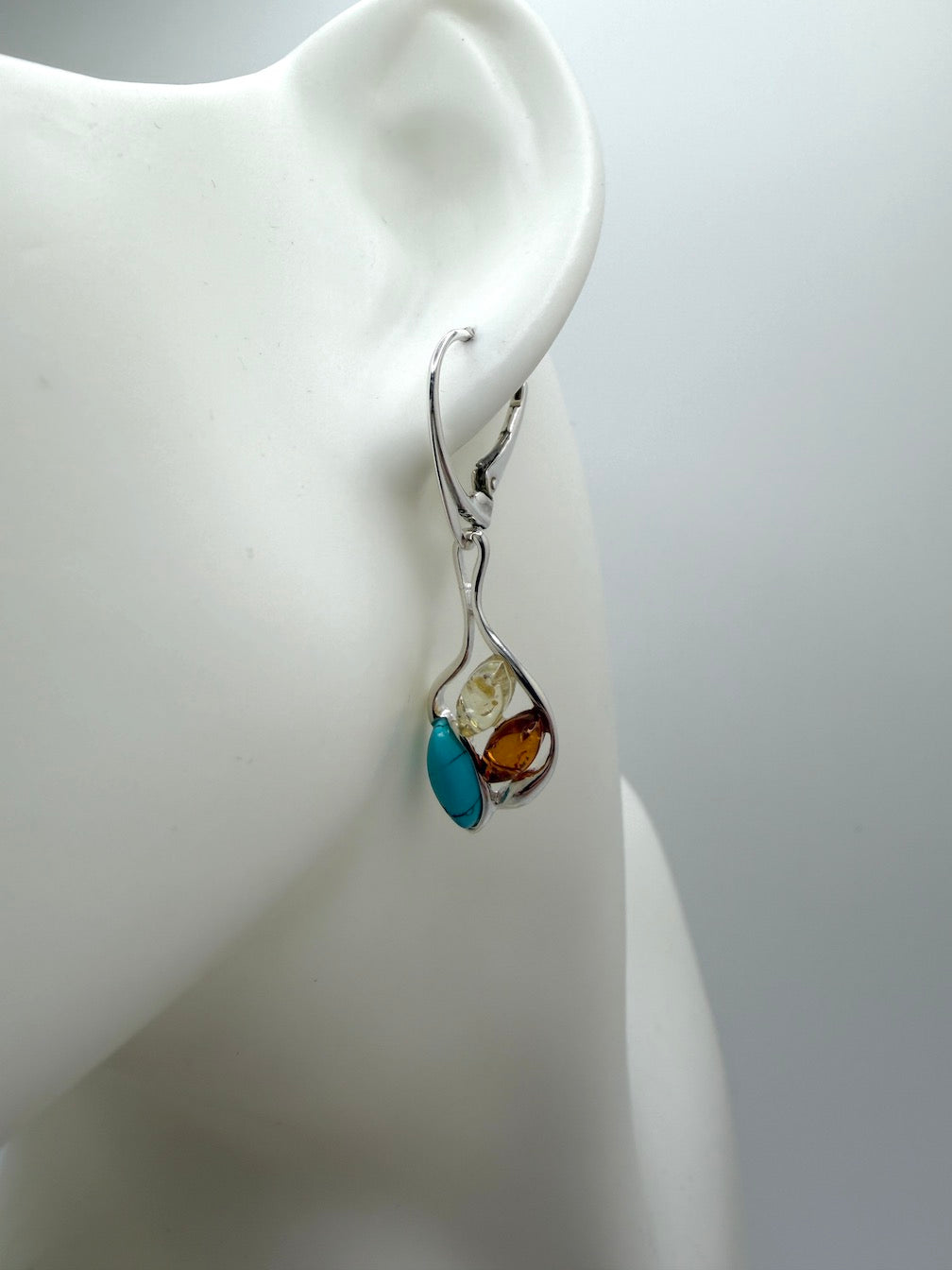 Baltic Amber and Sterling 925 Silver & Turquoise Drop Lever Back Earrings – Multicolor Honey and Lemon Amber