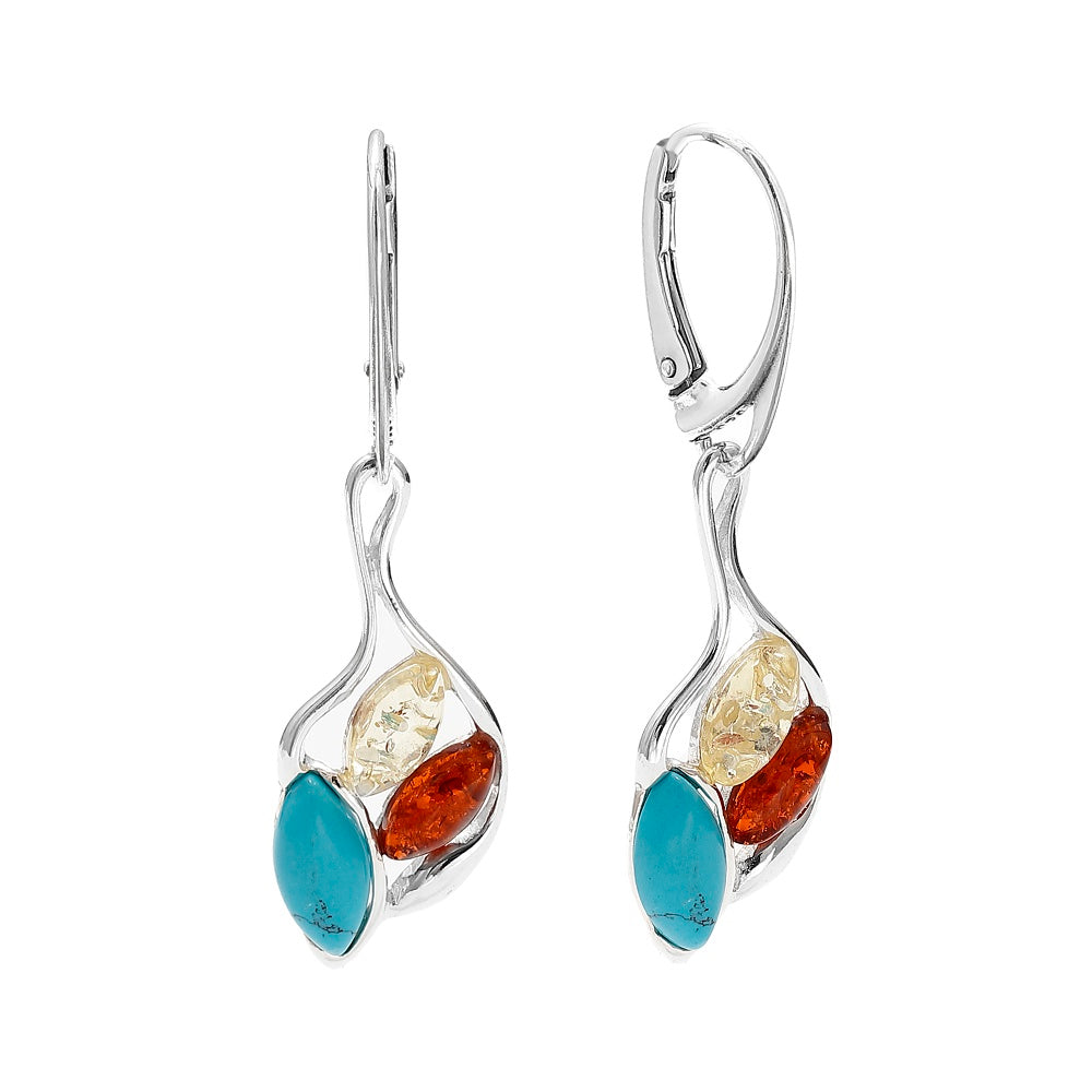 Baltic Amber and Sterling 925 Silver & Turquoise Drop Lever Back Earrings – Multicolor Honey and Lemon Amber
