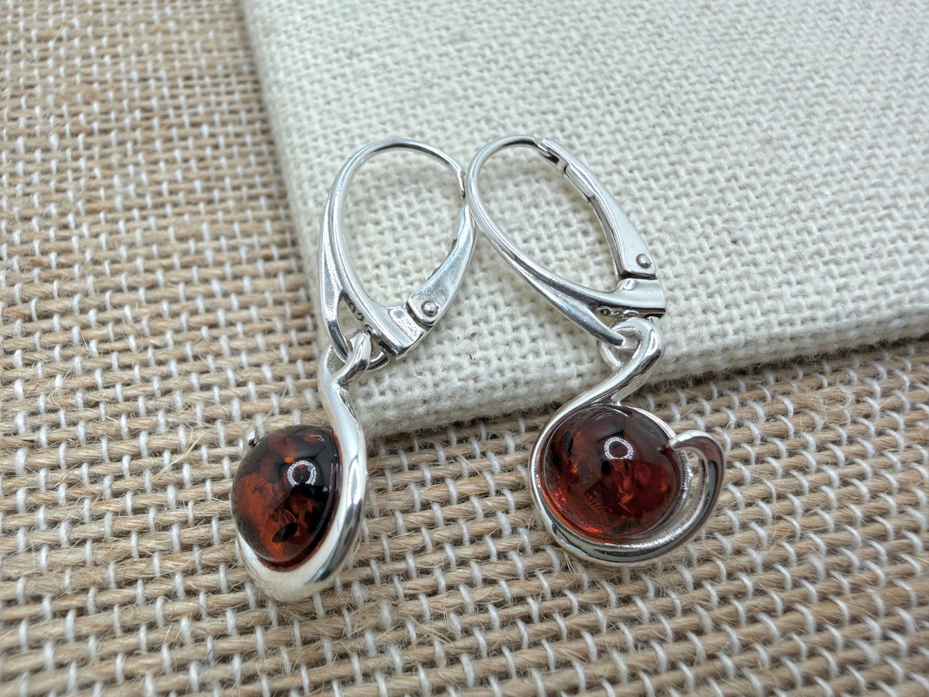 Baltic Amber and Sterling Silver Honey Drop Lever Back Swirl Design Earrings