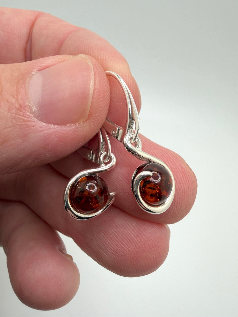 Baltic Amber and Sterling Silver Honey Drop Lever Back Swirl Design Earrings