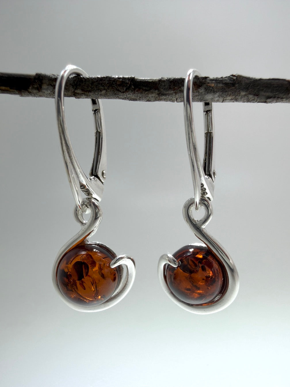 Baltic Amber and Sterling Silver Honey Drop Lever Back Swirl Design Earrings