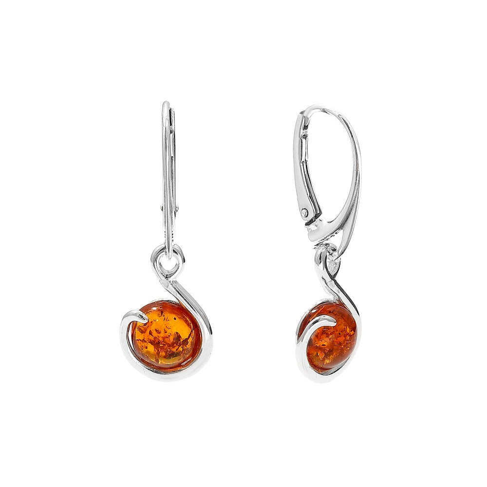 Baltic Amber and Sterling Silver Honey Drop Lever Back Swirl Design Earrings