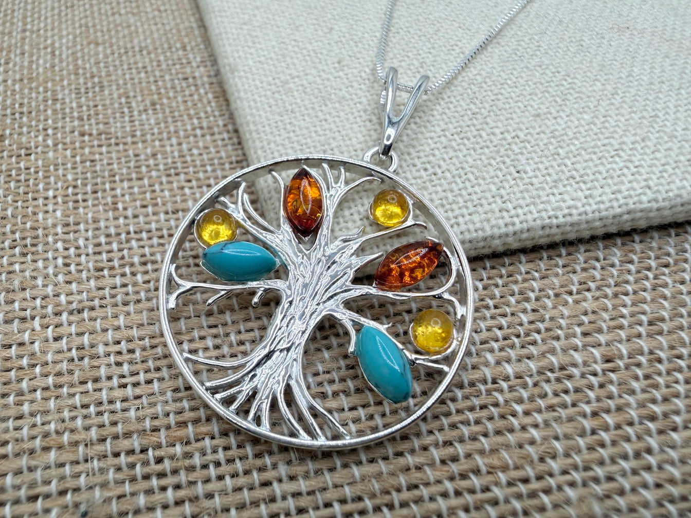 Baltic Amber and Turquoise Tree of Life Pendant on Silver Chain