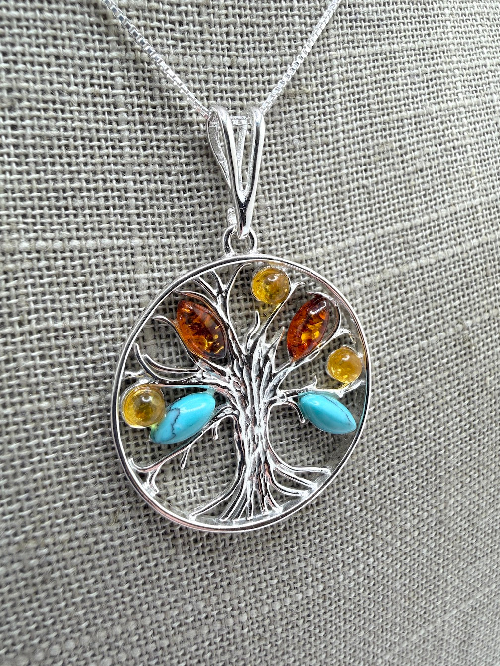 Baltic Amber and Turquoise Tree of Life Pendant on Silver Chain