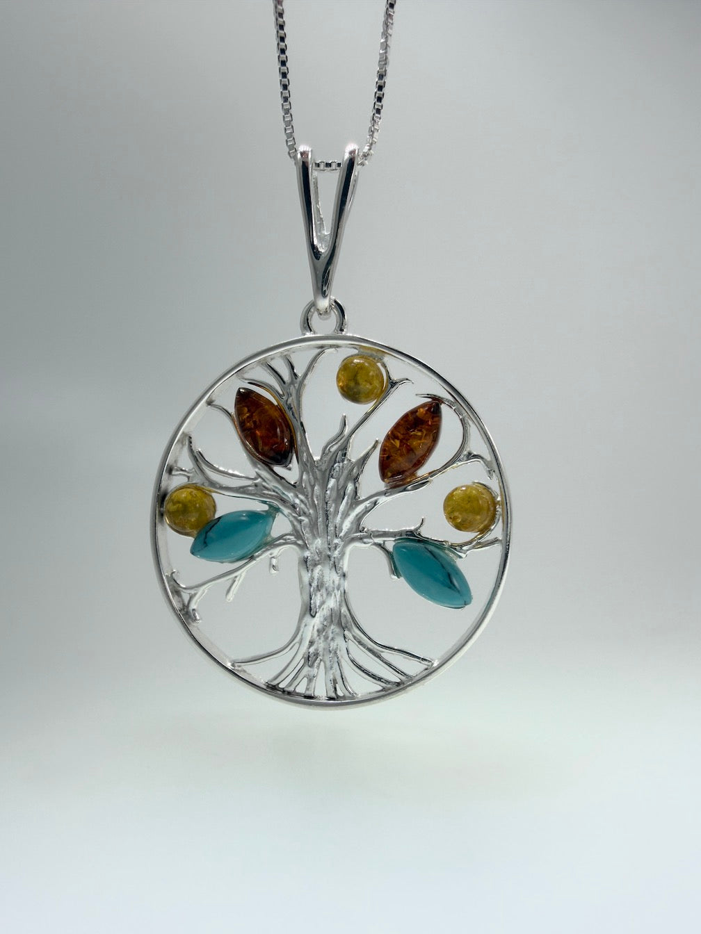 Baltic Amber and Turquoise Tree of Life Pendant on Silver Chain