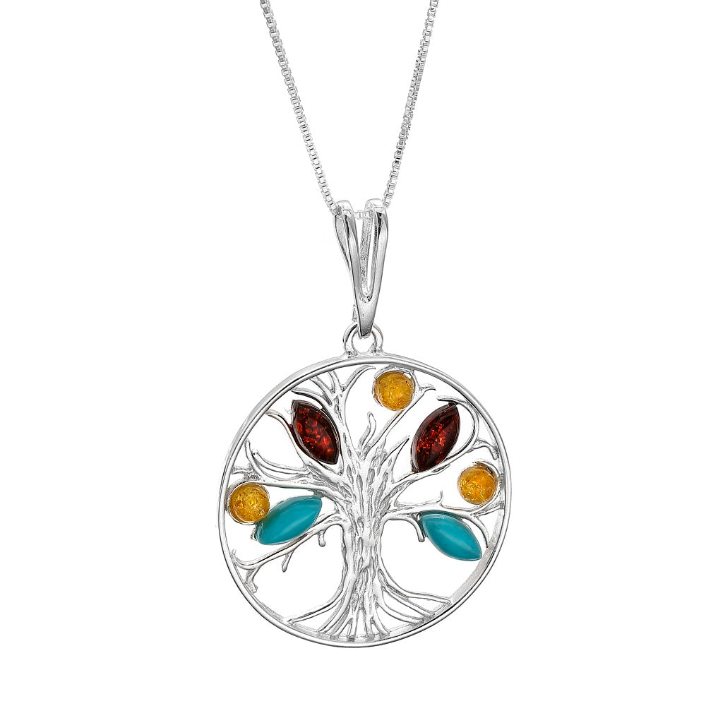 Baltic Amber and Turquoise Tree of Life Pendant on Silver Chain