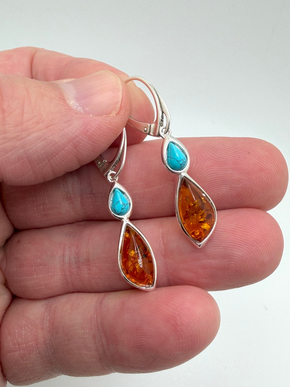 Baltic Amber in Sterling 925 Silver & Turquoise Drop Lever Back Earrings – Multicolor Honey and Lemon Amber