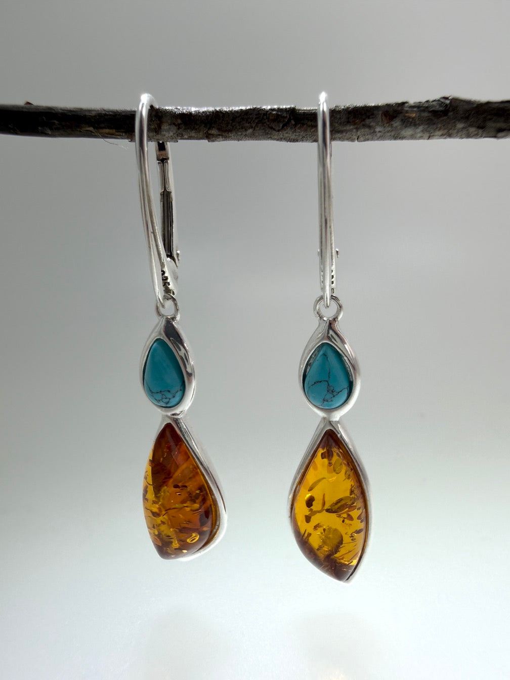 Baltic Amber in Sterling 925 Silver & Turquoise Drop Lever Back Earrings – Multicolor Honey and Lemon Amber