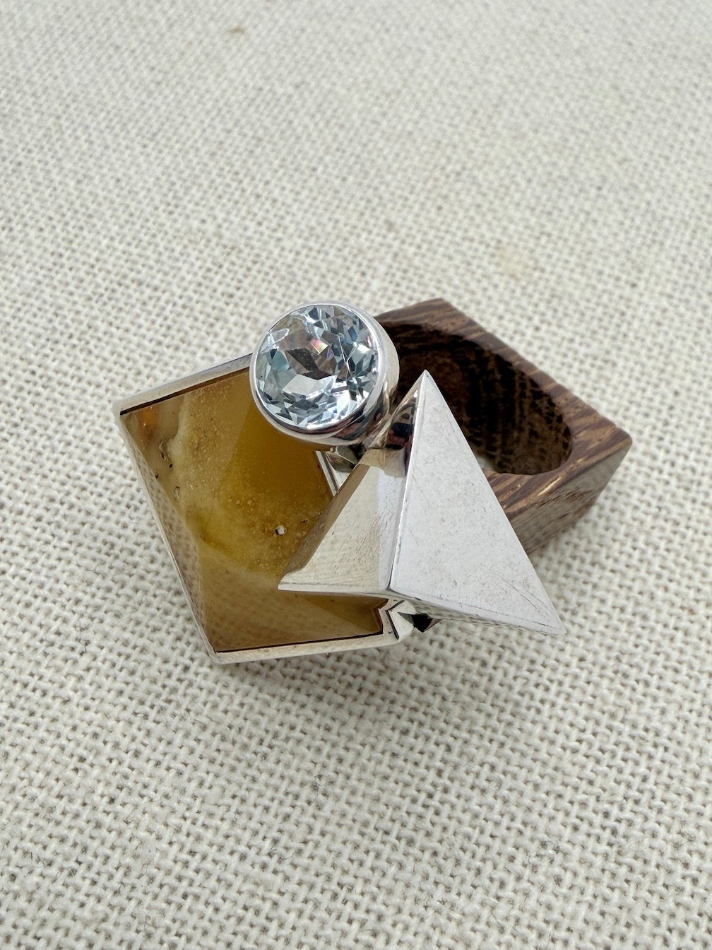 Black Oak, Sterling Silver & Genuine Baltic Butterscotch Amber Avant-Garde with Pyramids - Ambermoda Designer Ring