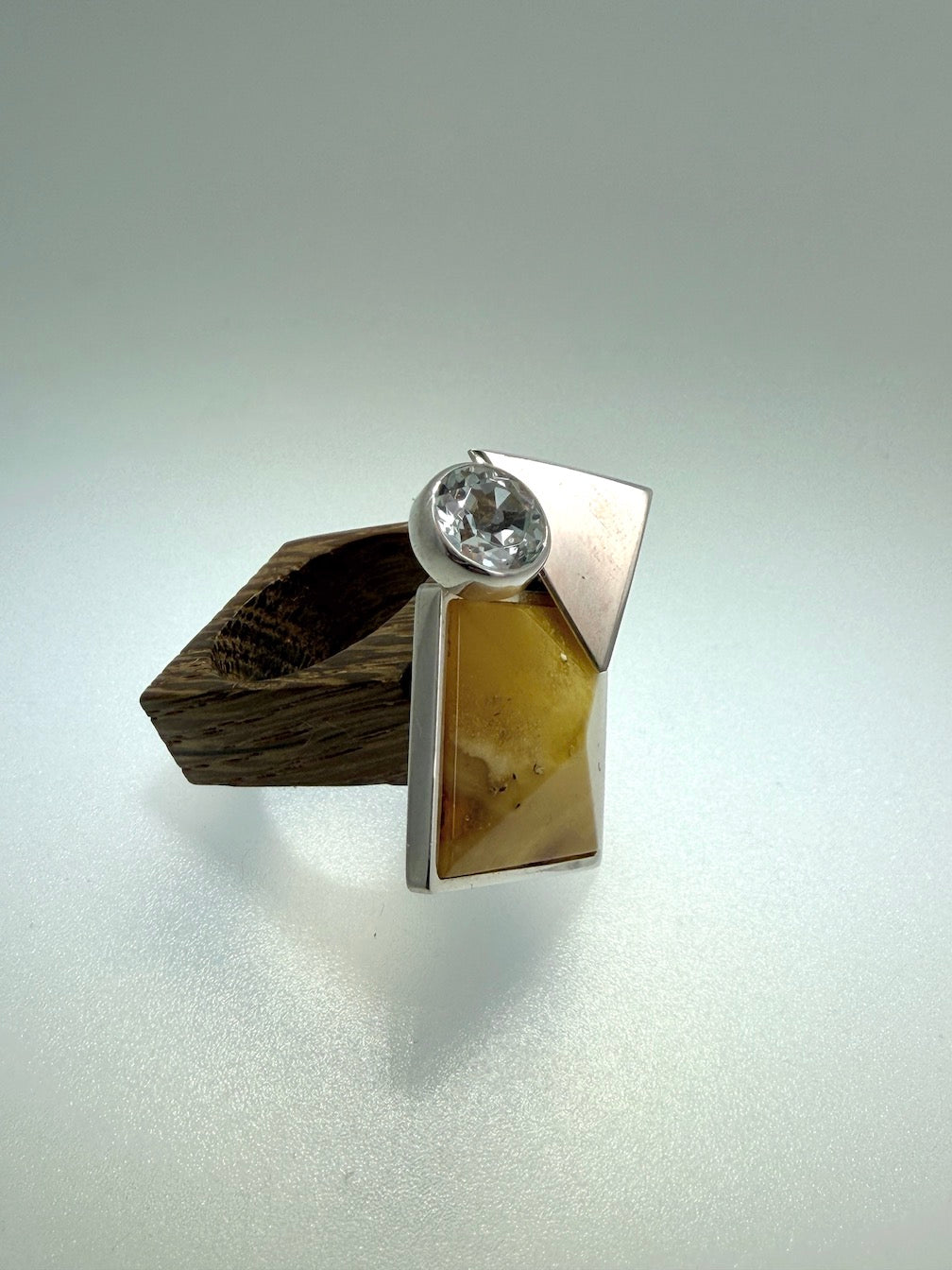 Black Oak, Sterling Silver & Genuine Baltic Butterscotch Amber Avant-Garde with Pyramids - Ambermoda Designer Ring