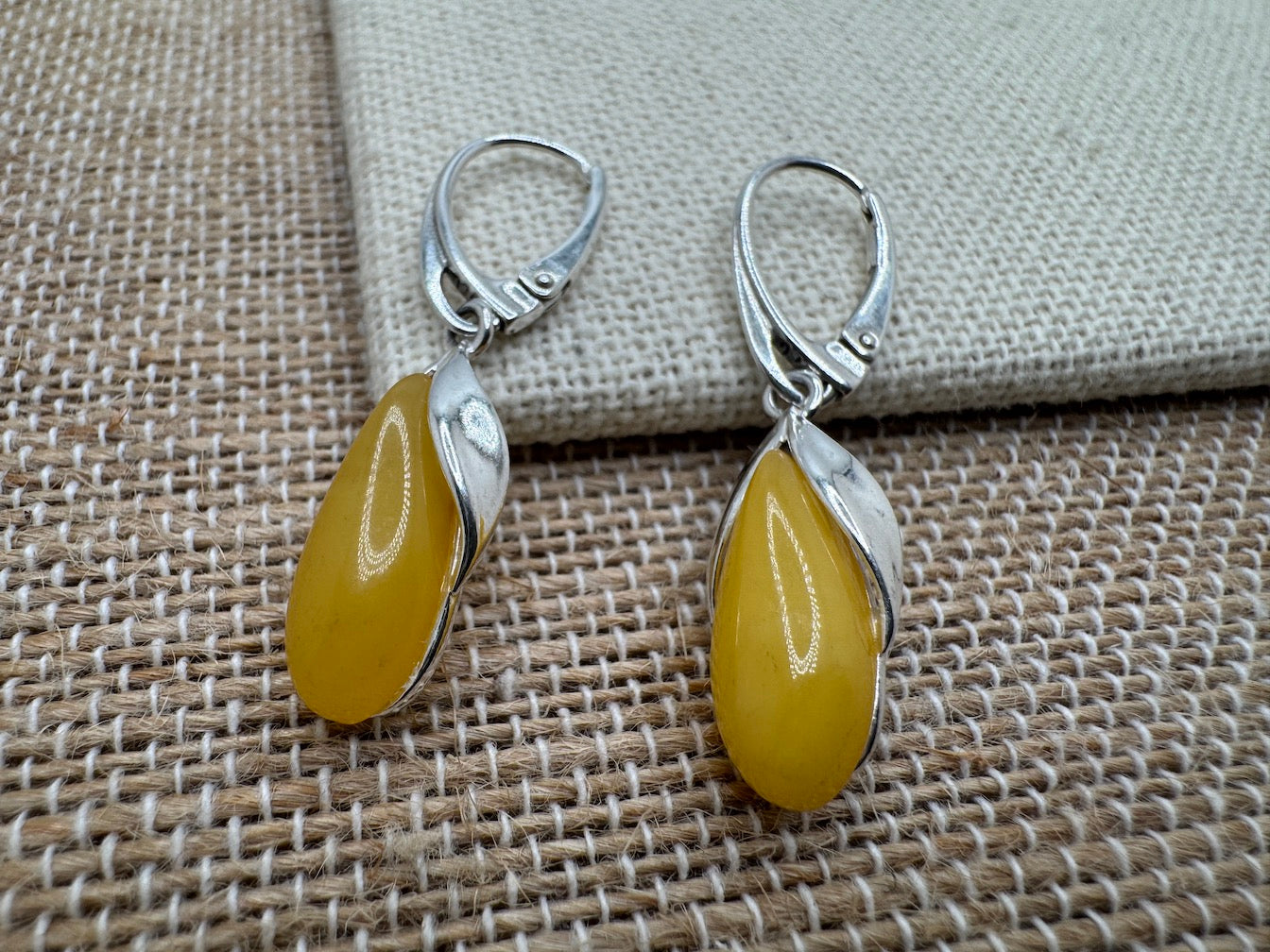 Butterscotch Baltic Amber Marquise Drop Lever Back Earrings | Modern Elegant Sterling Silver