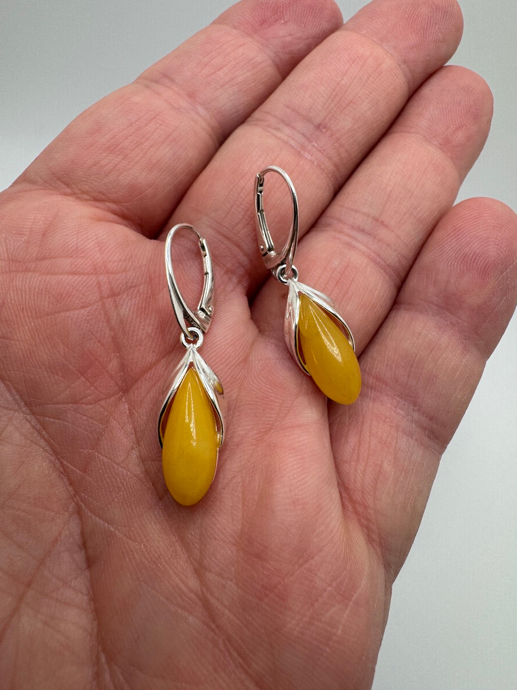 Butterscotch Baltic Amber Marquise Drop Lever Back Earrings | Modern Elegant Sterling Silver
