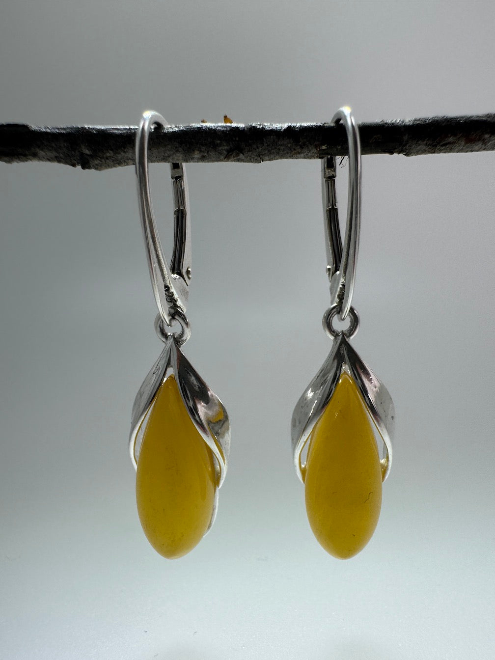 Butterscotch Baltic Amber Marquise Drop Lever Back Earrings | Modern Elegant Sterling Silver