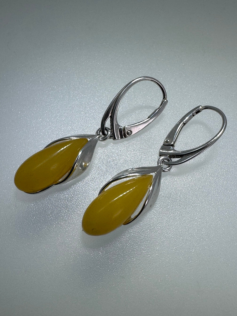 Butterscotch Baltic Amber Marquise Drop Lever Back Earrings | Modern Elegant Sterling Silver
