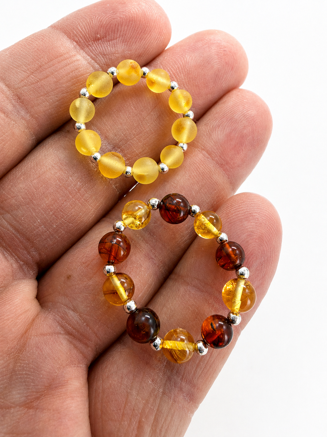 Genuine Baltic Amber Ball Stretch Ring – Multicolor Lemon & Honey or Matte Lemon – 5 mm Amber Beads – Adjustable Fit
