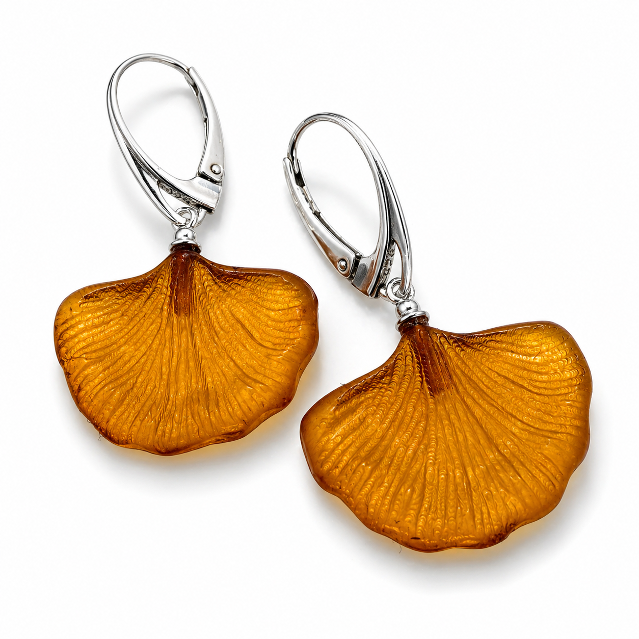 Genuine Baltic Amber Ginkgo Biloba Earrings – Hand Carved Honey Amber – Sterling Silver Lever Back – Nature Inspired Drop Earrings