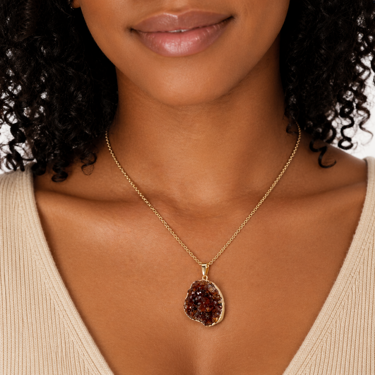 Citrine Druzy Agate Oval Pendant Necklace, Gold Plated 18 Inch Chain, Handmade Brazil Gemstone Jewelry,