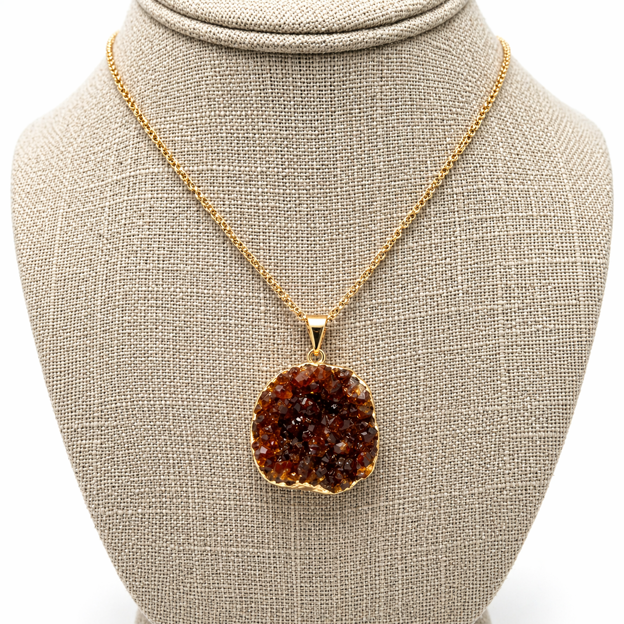 Citrine Druzy Agate Oval Pendant Necklace, Gold Plated 18 Inch Chain, Handmade Brazil Gemstone Jewelry,