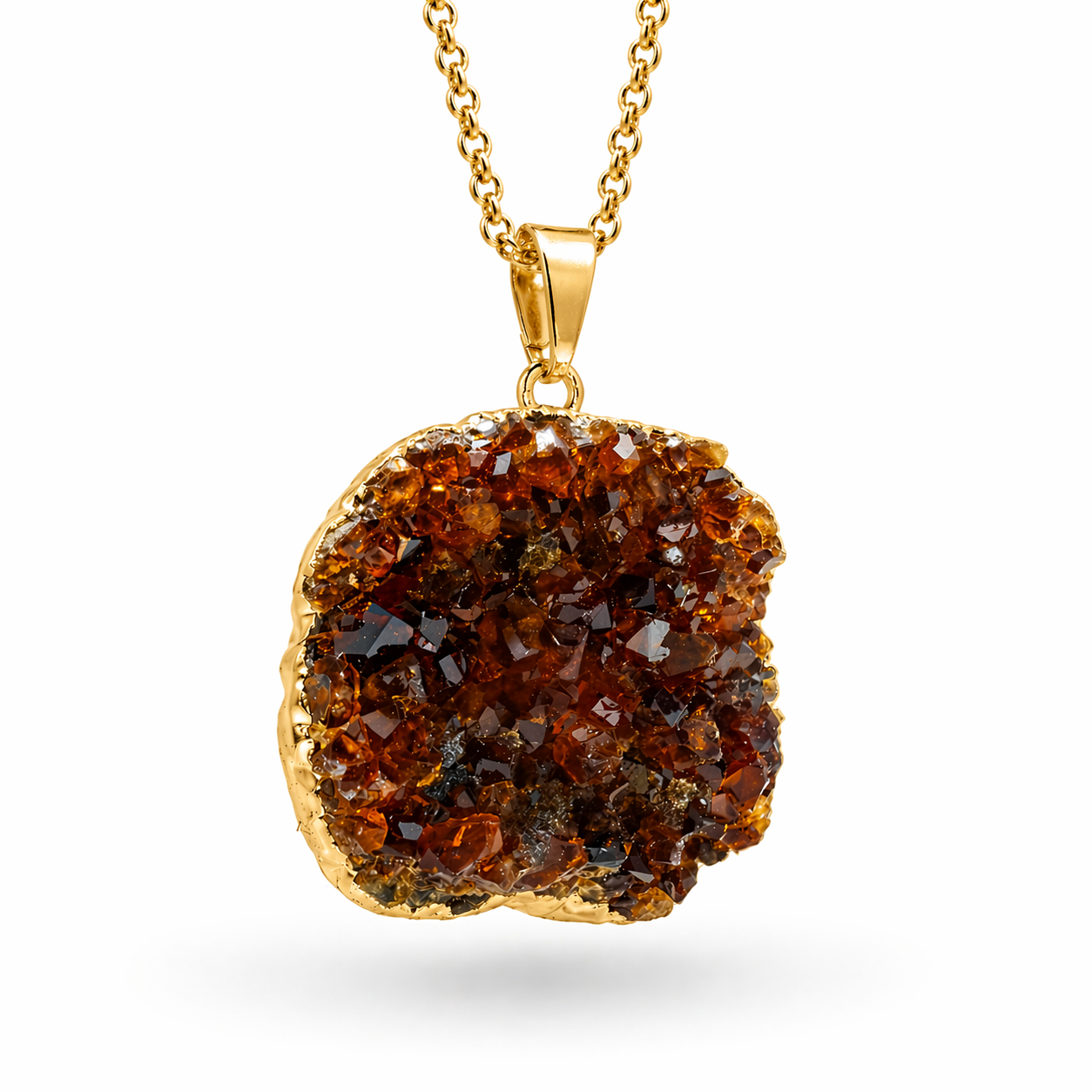 Citrine Druzy Agate Oval Pendant Necklace, Gold Plated 18 Inch Chain, Handmade Brazil Gemstone Jewelry,