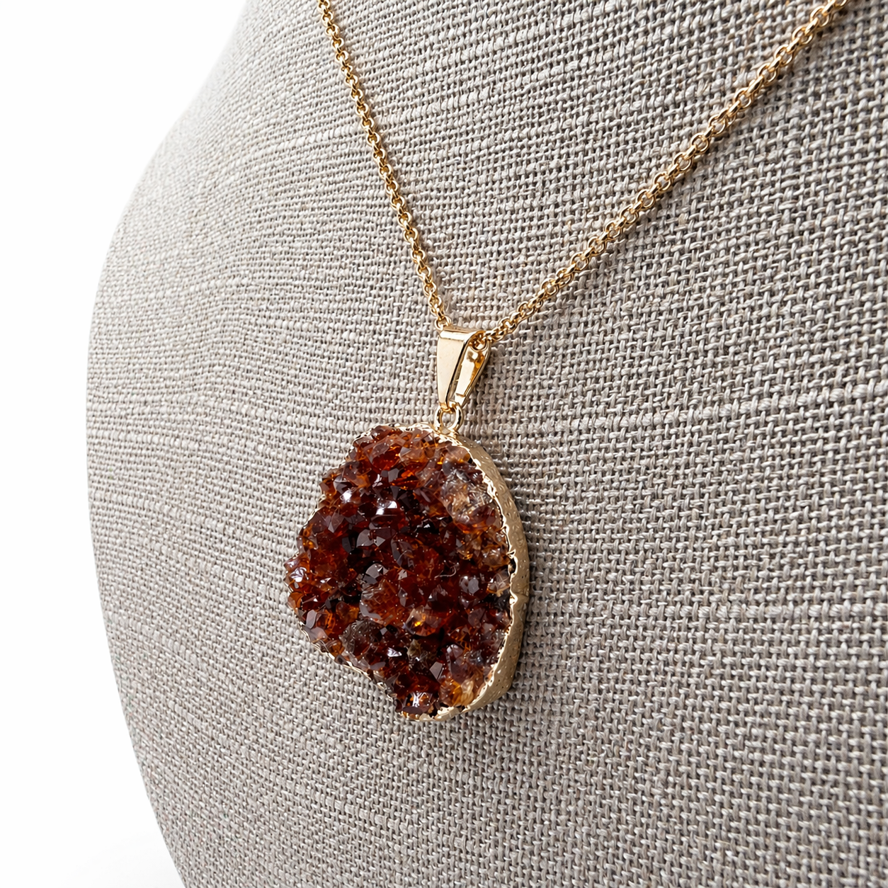 Citrine Druzy Agate Oval Pendant Necklace, Gold Plated 18 Inch Chain, Handmade Brazil Gemstone Jewelry,