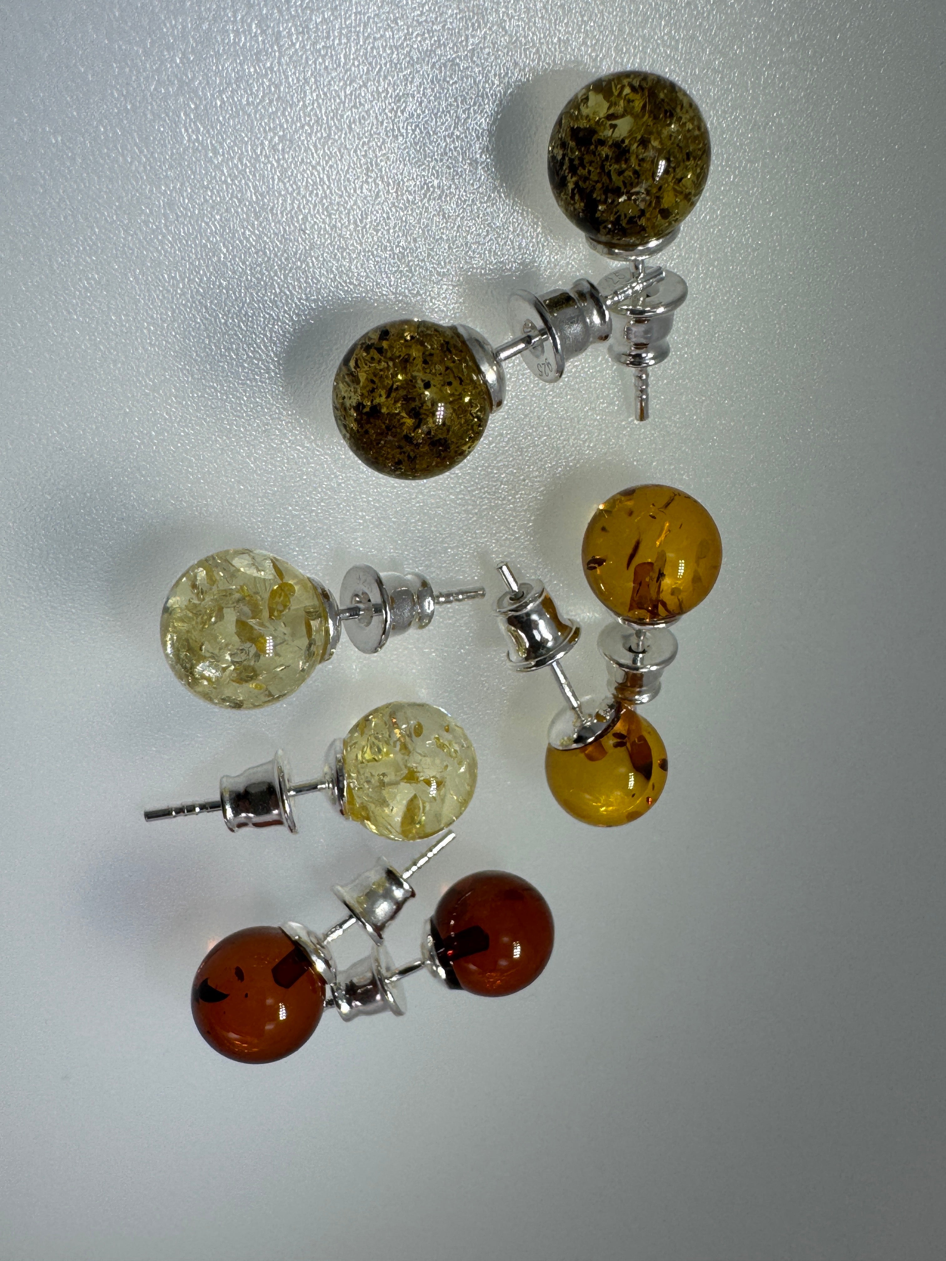 Classic 8mm Baltic Amber Stud Earrings – Cognac, Green, Lemon & Cherry Ball Posts