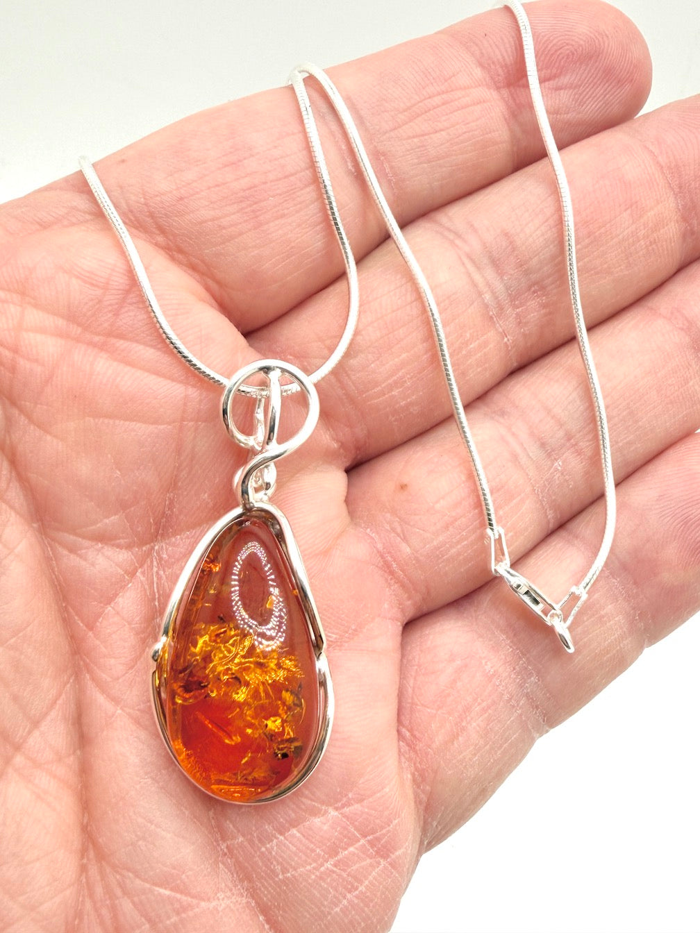 Classic Baltic Amber & Sterling Silver Pendant Necklace – 18” Snake Chain