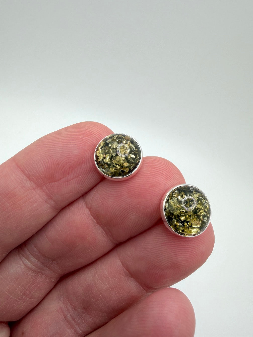 Classic Round Cognac or Green Amber Stud Earrings – 10 mm Cabochon in Sterling Silver