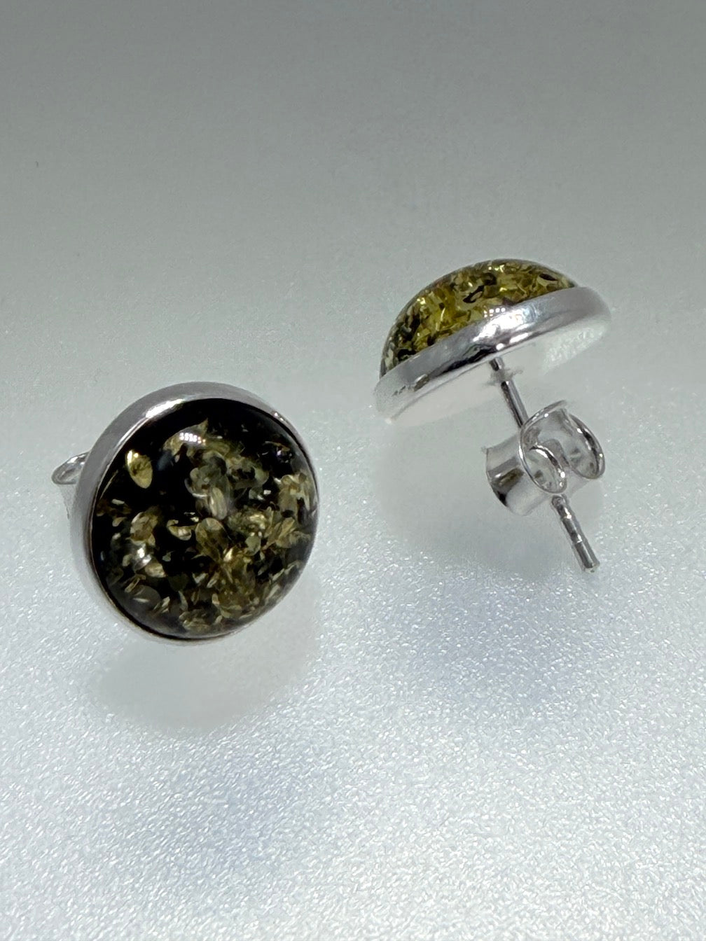 Classic Round Cognac or Green Amber Stud Earrings – 10 mm Cabochon in Sterling Silver