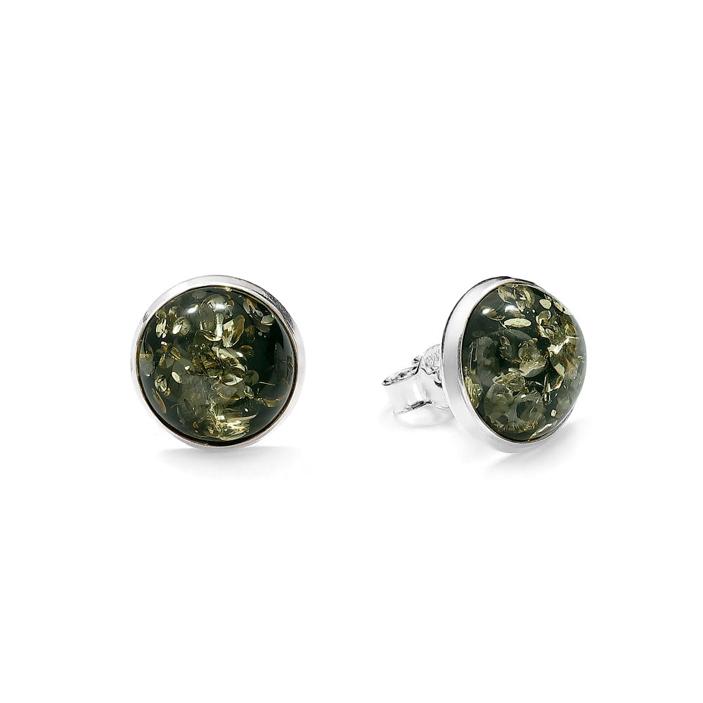 Classic Round Cognac or Green Amber Stud Earrings – 10 mm Cabochon in Sterling Silver