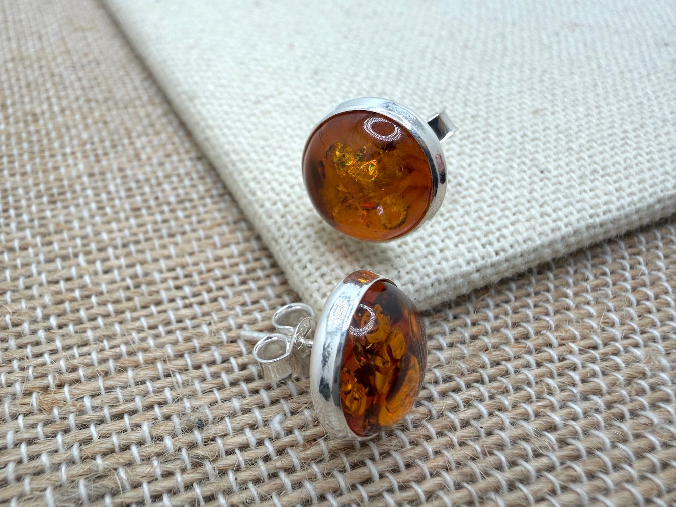Classic Round Cognac or Green Amber Stud Earrings – 10 mm Cabochon in Sterling Silver