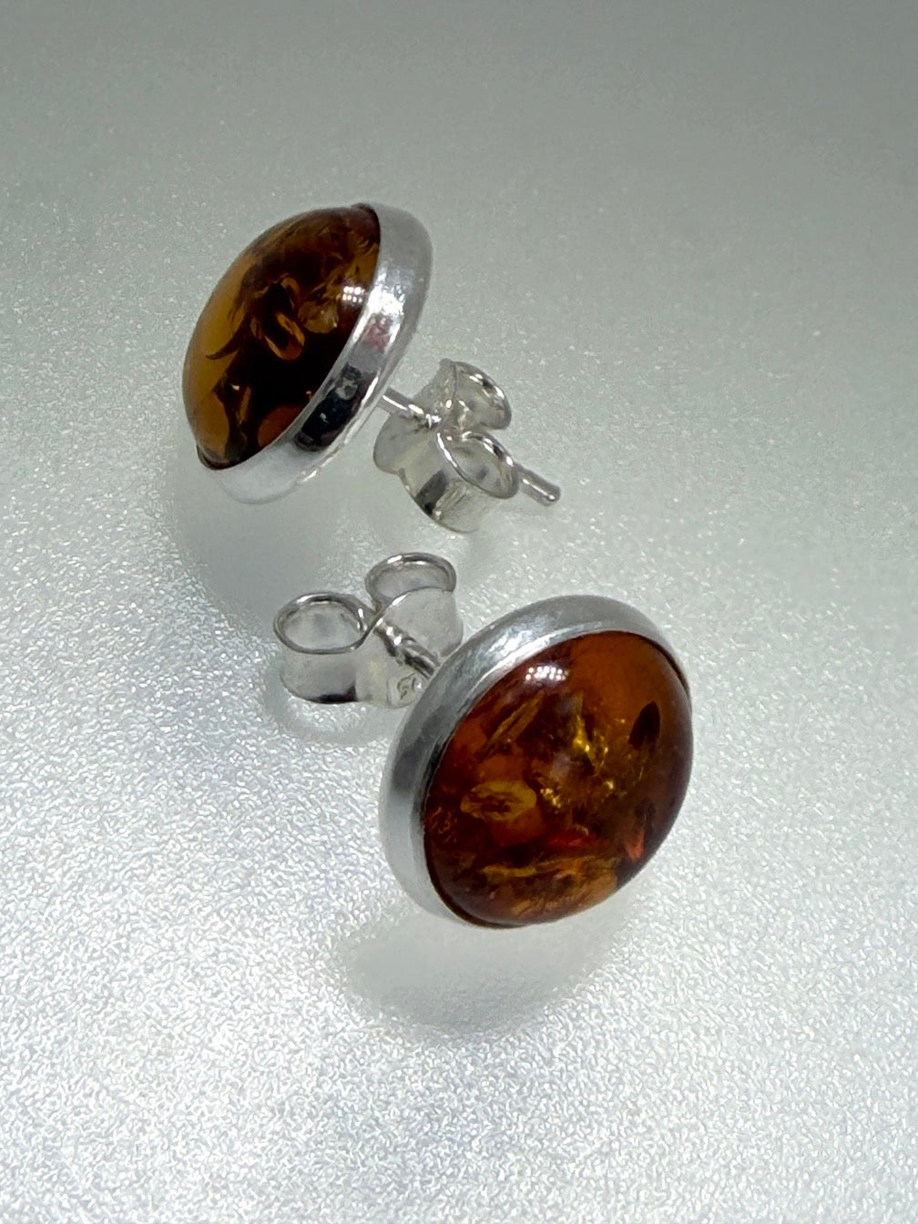 Classic Round Cognac or Green Amber Stud Earrings – 10 mm Cabochon in Sterling Silver