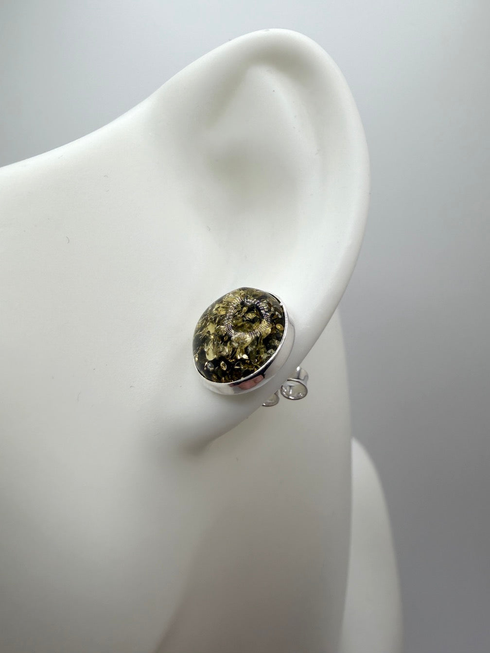 Classic Round Cognac or Green Amber Stud Earrings – 10 mm Cabochon in Sterling Silver