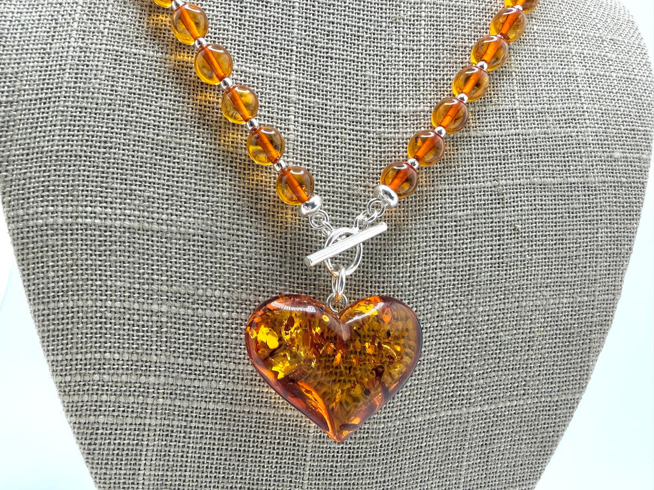 Cognac Baltic Amber Beaded Necklace – Puffy Honey Heart Pendant & Sterling Silver Toggle Closure