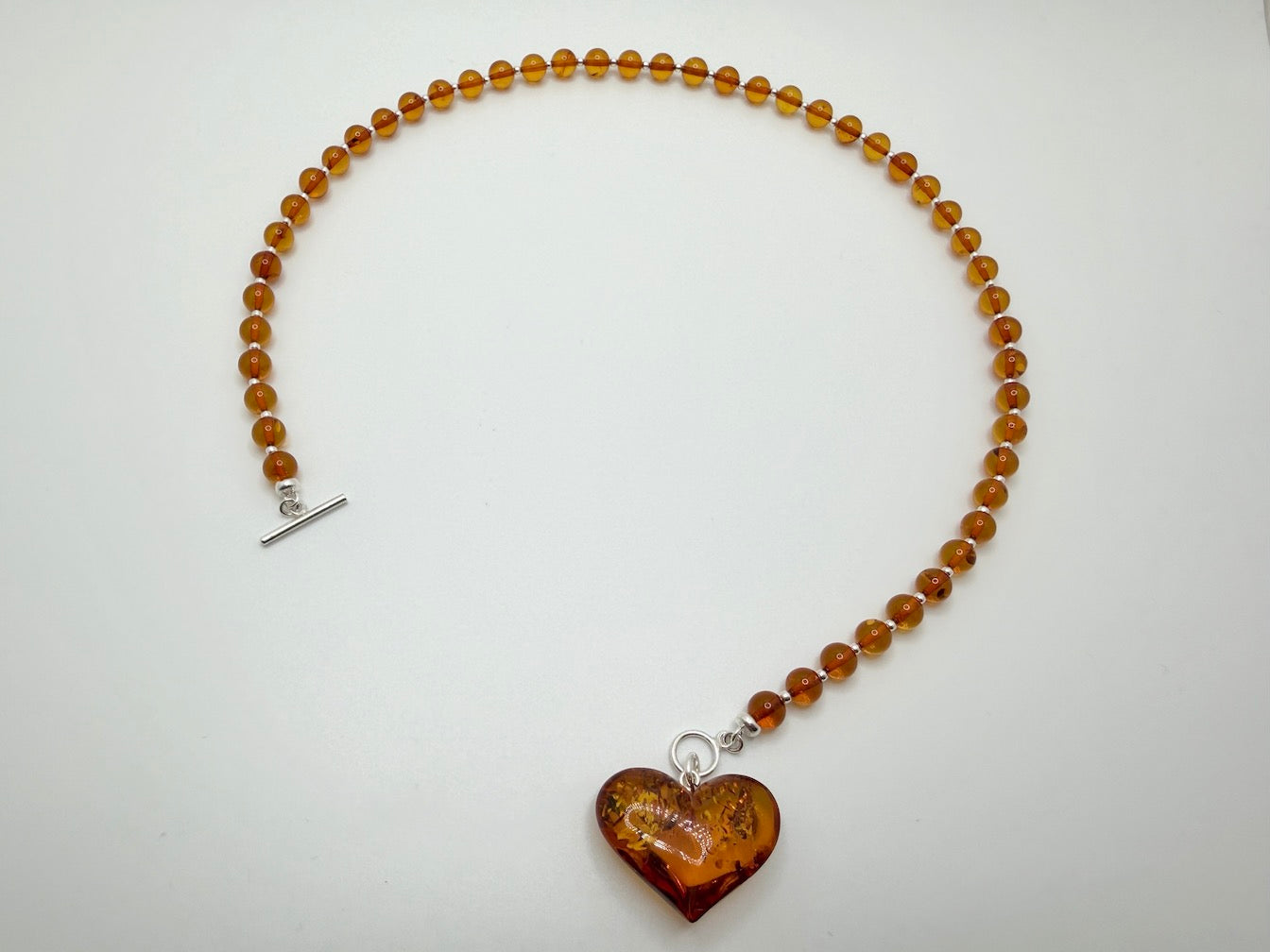 Cognac Baltic Amber Beaded Necklace – Puffy Honey Heart Pendant & Sterling Silver Toggle Closure
