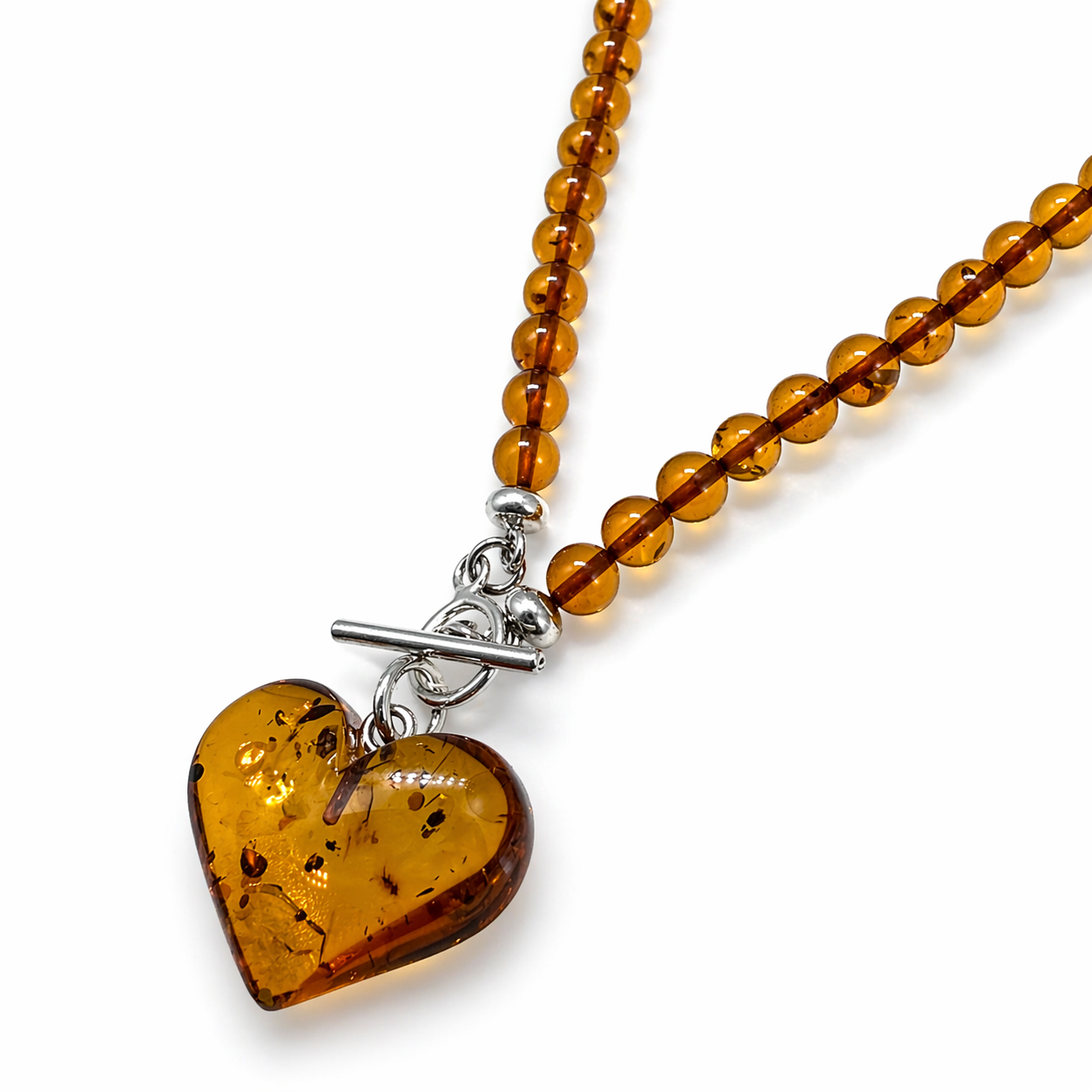 Cognac Baltic Amber Beaded Necklace – Puffy Honey Heart Pendant & Sterling Silver Toggle Closure