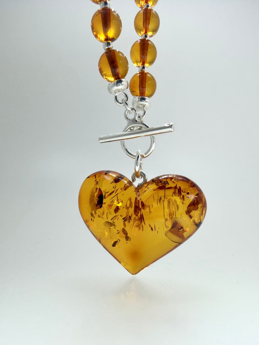 Cognac Baltic Amber Beaded Necklace – Puffy Honey Heart Pendant & Sterling Silver Toggle Closure