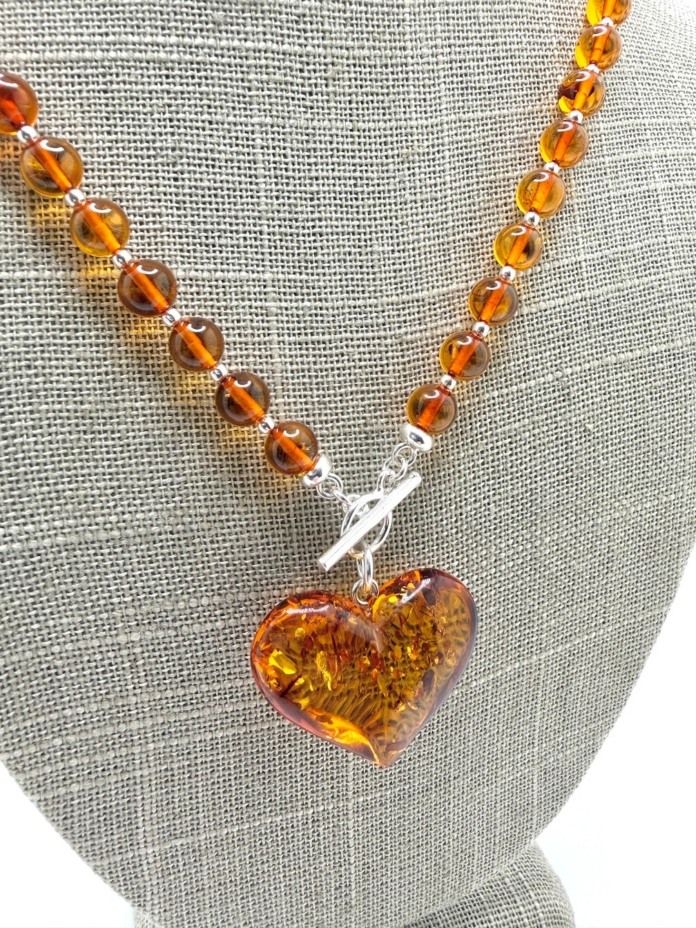 Cognac Baltic Amber Beaded Necklace – Puffy Honey Heart Pendant & Sterling Silver Toggle Closure