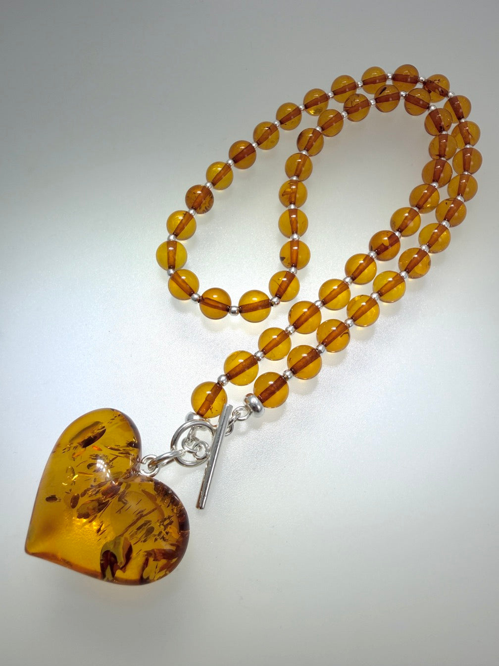 Cognac Baltic Amber Beaded Necklace – Puffy Honey Heart Pendant & Sterling Silver Toggle Closure