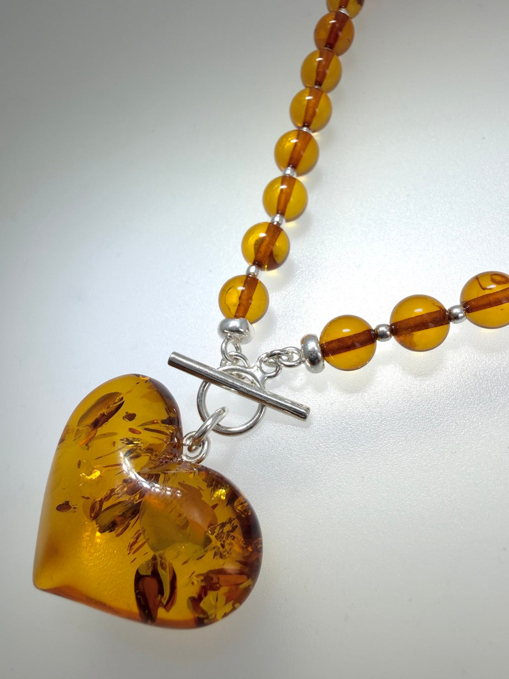 Cognac Baltic Amber Beaded Necklace – Puffy Honey Heart Pendant & Sterling Silver Toggle Closure