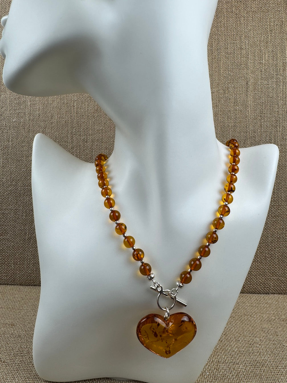 Cognac Baltic Amber Beaded Necklace – Puffy Honey Heart Pendant & Sterling Silver Toggle Closure
