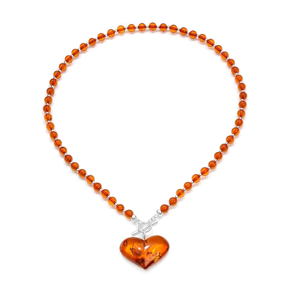 Cognac Baltic Amber Beaded Necklace – Puffy Honey Heart Pendant & Sterling Silver Toggle Closure