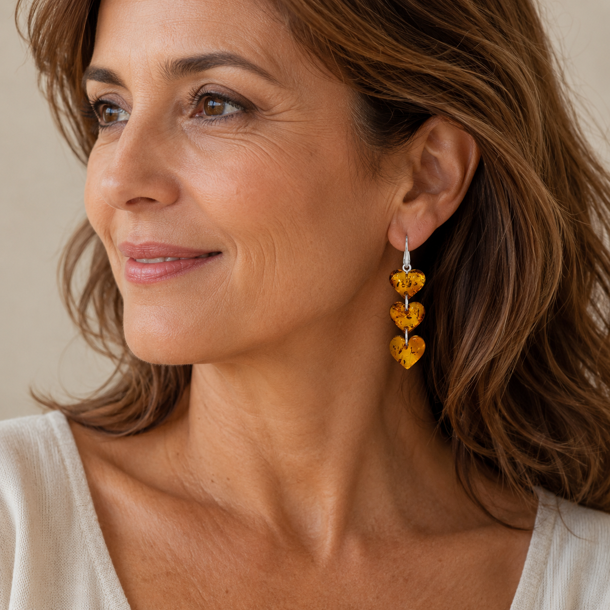 Handmade in Lithuania Cognac Baltic Amber Triple Heart Drop Earrings – Lever Back Dangle Earrings