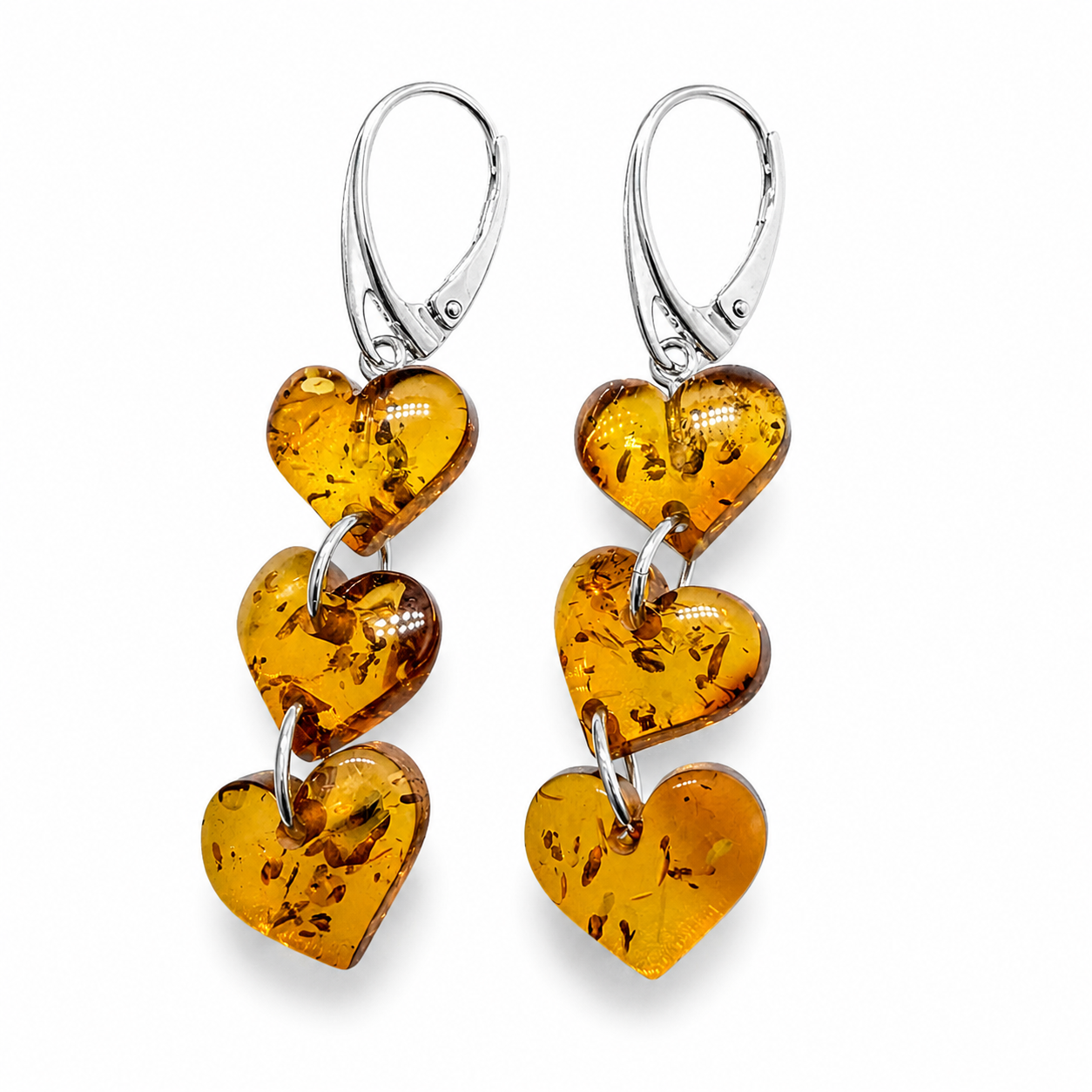 Handmade in Lithuania Cognac Baltic Amber Triple Heart Drop Earrings – Lever Back Dangle Earrings