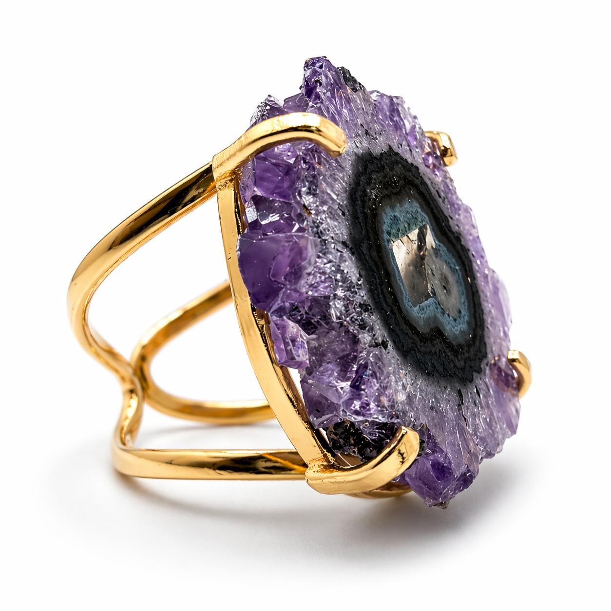 Druzy Amethyst Statement Ring Gold Plated Brass, Adjustable Open Shank Ring, Oval Purple Crystal Ring, Handmade Brazil Jewelry, One of a Kind Ring