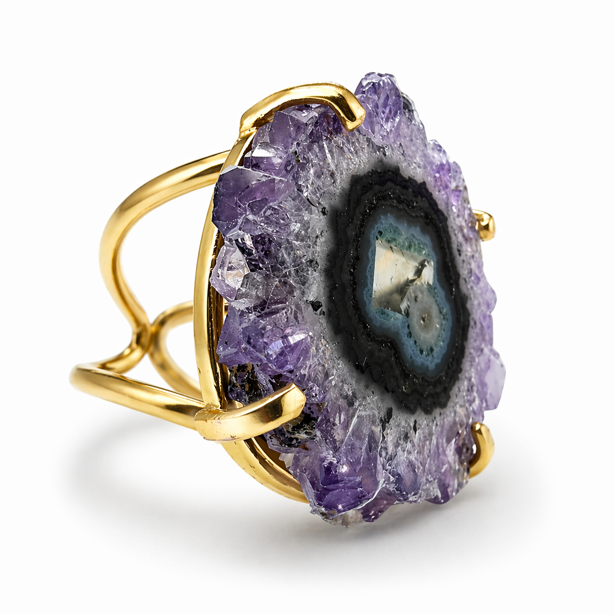 Druzy Amethyst Statement Ring Gold Plated Brass, Adjustable Open Shank Ring, Oval Purple Crystal Ring, Handmade Brazil Jewelry, One of a Kind Ring