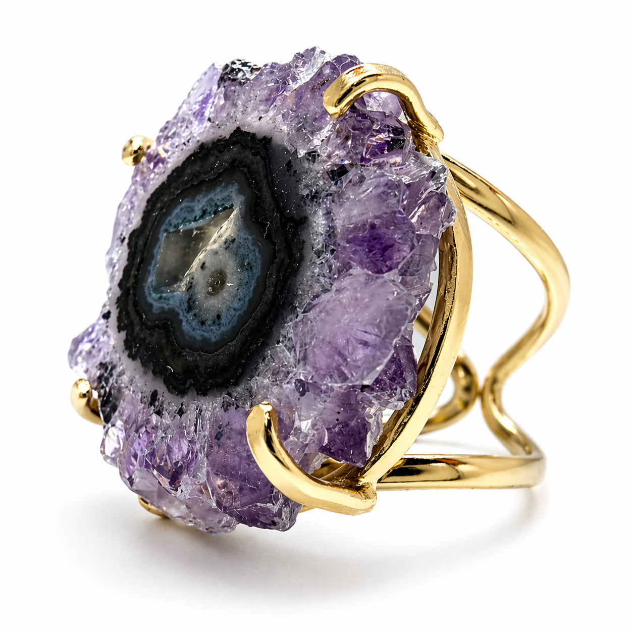 Druzy Amethyst Statement Ring Gold Plated Brass, Adjustable Open Shank Ring, Oval Purple Crystal Ring, Handmade Brazil Jewelry, One of a Kind Ring